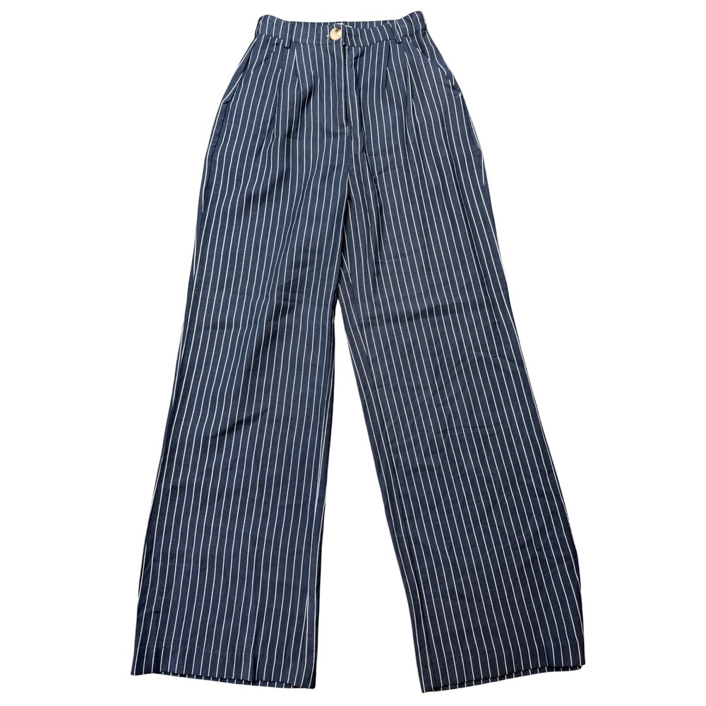Danielle Bernstein Pinstripe Pants Womens 0 Navy Blue New Wide Leg Pleated NWT